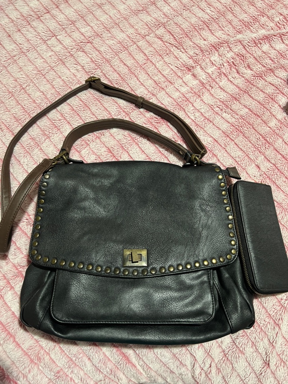 Black Stud-Trim Leather Crossbody Bag with Wallet